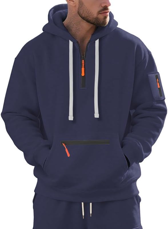 Men's Hooded Sweatshirt - Quarter Zip Pullover with Pockets Autumn Winter Casual We...