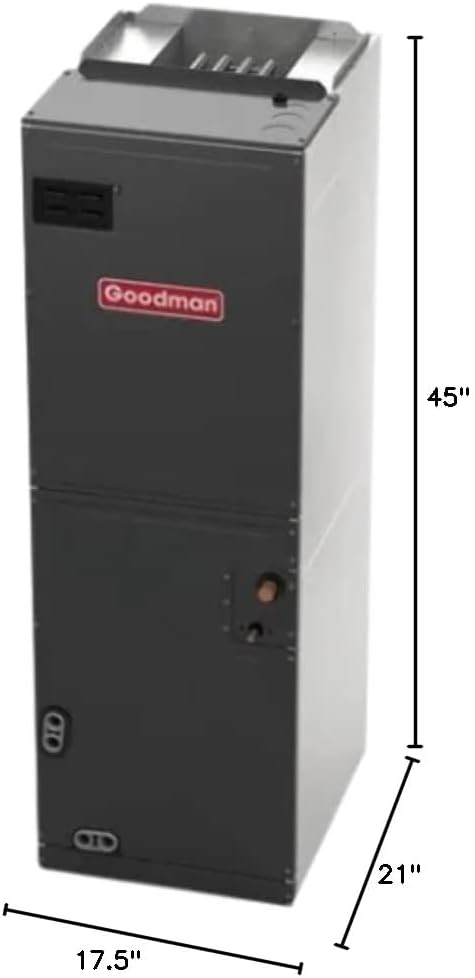 Goodman AMST24BU1300 air handler with dimensions labeled: 45 inches height, 21 inches depth, 17.5 inches width.