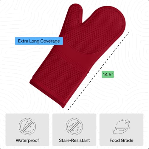 Image of GORILLA GRIP BPA-Free Soft Silicone Oven Mitts, 14.5x8.3, Heat Resistant and Waterproof Cooking Gloves, Thick Cotton Lining, Flexible Gripping for Baking Grilling, Kitchen Potholders Set of 2, Red