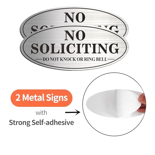 no soliciting sign 2 pack self-adhesive aluminum metal no solitation do not knock or ring bell sign 70 x 30 inches fade resistang signs for office and home brushed nickelblack