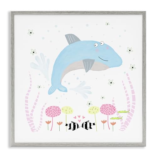 Baby Dolphin Floral Nautical Joy, 24 x 24 Inch Framed Giclée Print
