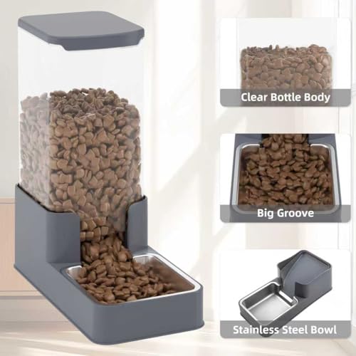 Stainless Steel Cat Feeder and Water Dispenser,Gravity Waterer & Food Feeder Set with Stainless Steel,Large Capacity Pet Food Bowl for Small Medium Dog Pets Puppy Kitten(Grey,1 Gallon) - Image 5
