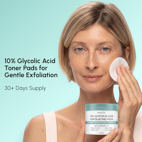 Image of MAREE Glycolic Acid Resurfacing Pads - Toner Pads for Face Cleansing - Exfoliating Pad with Tea Tree Oil, Salicylic Acid & Vitamins E, B3, B5 - Acne Treatment Device for Pore Resurfacing - 50 Count