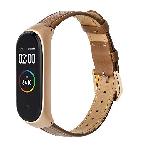 Hianjoo Correa Compatible con Cuero Xiaomi Mi Smart Band 4, Pulsera Leather con Metal Case Banda Repuesto Fitness Sports Correas Brazalete Extensibles Band Compatible con Mi Band 4 (Marrón Claro)