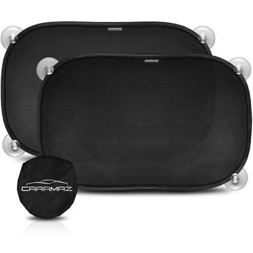 CARAMAZ Pare-Soleil Voiture bébé avec Protection UV certifiée, Universel 48 x 30 cm, 2 pièces Pare-Soleil, avec ventouses