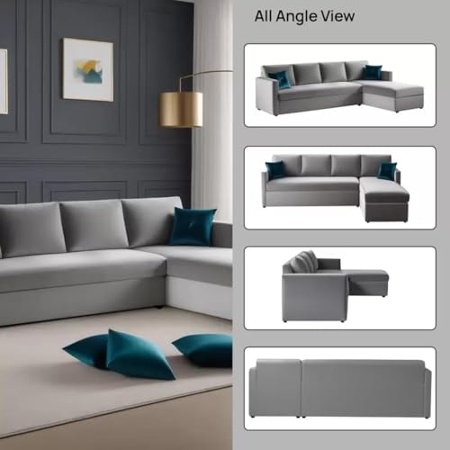Image of FURNY Arno 5 Seater Fabric RHS L Shape Sofa Set, Light Grey
