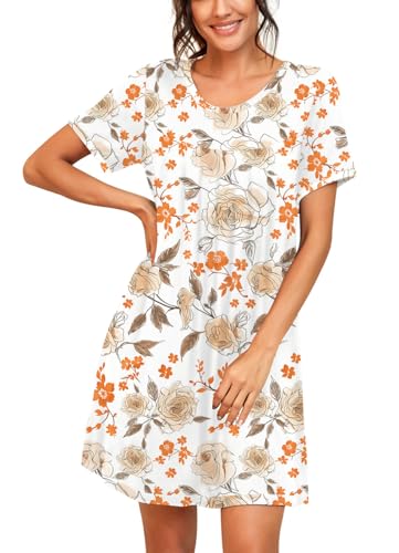 Image of PrinStory Nightgowns for Women Short Sleeve Night Gowns Pleated Sleep Shirt Ladies Nightshirt Soft Sleepwear