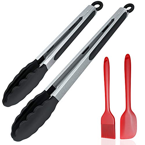 Kitchen Tongs for Cooking with Silicone Tips, Non-slip Grip and Locking Mechanism, 9'' and 12'' Set of 2 Premium and Non-stick Stainless Steel Tongs with Bonus Silicone Spatula and Brush