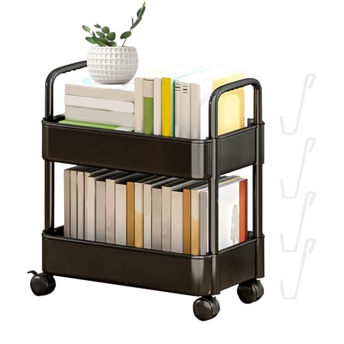Carrello per libreria mobile, a 2 ripiani, compatto organizer per libri, multiuso, con ruote, per snack, giocattoli, uso quotidiano, appartamento, ufficio, dormitorio