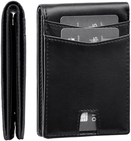 GSG Men's RFID Blocking Bifold Wallet – Genuine Leather Slim Front Pocket Wallet with 10 Card Slots, Gift Box & Discreet Tracker Slot for AirTag or Similar Device, Black, Black