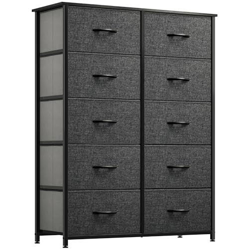 YITAHOME 10 Drawer Dresser - Fabric Storage Tower, Organizer Unit for Bedroom, Living Room, Hallway, Closets - Sturdy Steel Frame, Wooden Top & Easy Pull Fabric Bins Charcoal 10-Drawer