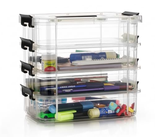 Image of Plastic Boxes for Storage Transparent Boxes, Portable & Stackable Space Saving Organiser with Lid for Medicine, Jewelry, Arts & Crafts, Buttons, Beads (Black, 4 Tier)