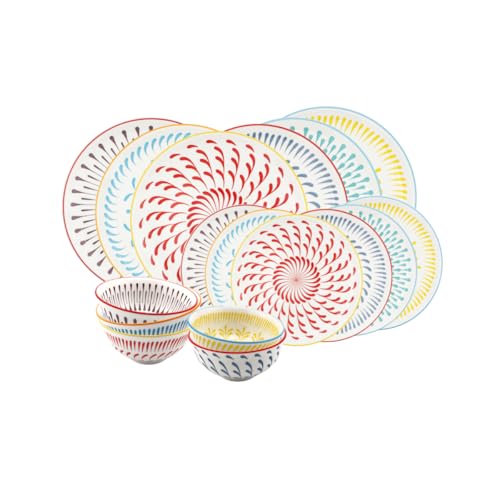 Service de Table 18 Pièces en Porcelaine, Assiettes Ø27 cm, Ø20,3 cm et Bols Ø15 cm, Multicolores,