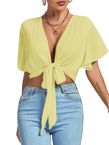 Image of LYANER Women's Sexy Deep V Neck Tie Front Wrap Cropped Blouse Bell Short Sleeve Ruffle Crop Tops