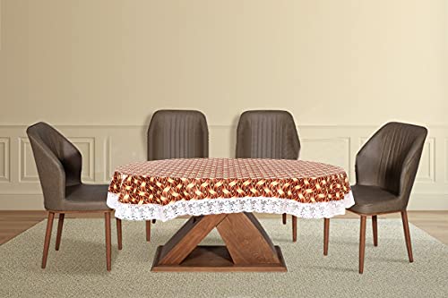 Image of The Furnishing Tree Waterproof PVC Oval Shaped 10 Seater Table Cover WxL 60x120 inches Interlocked Ropes Pattern Brown with White Border lace