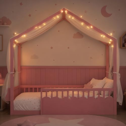 Image of Bellemave Full House BedFrame with Canopy, Montessori House Bed with LED and Bookshelf and Rails for Kids, Pink