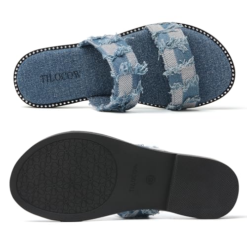 Image of Tilocow Women's Flat Sandals Two Strap Summer Dressy Studded Slide Sandals Open Toe Cute Casual Slip on Comfort Shoes for Beach Travel Daily Wear