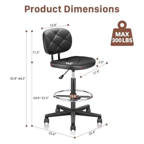 Image of KLASIKA Leather Drafting Stool Chair with Ergonomic Backrest & Footrest, Padded Seat Adjustable Height 360 Swivel Rolling Stools, Tall Office Chair for Standing Desk, Shop, Drawing, Work, Black