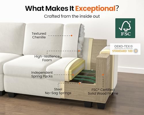 CHIC HOUSE 126" Oversized Chenille Modular Sectional Sofa, Extra Deep 6-Seater Sofa Modern Cloud Couch with Corner&Ottoman, Sectional Sleeper Sofa for Living Room, V-Shaped, Chenille, Beige - Thumbnail 2