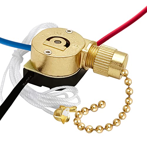 Image of Ceiling Fan Switch Kit Zing Ear ZE-110M Pull Chain Light Switch 3 Wire Metal Body Speed Fan Switch Ceiling Fan Light Lamp Replacement Switch with Pulling String, Brass