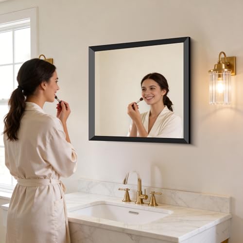 Image of 30x30 Inch Black Bathroom Mirror for Wall, Thick Metal Framed Rectangle Mirrors for Over Sink,Decorative Wall Mirror for Bedroom Bathroom Living Room,Anti-Rust, HD Tempered Glass