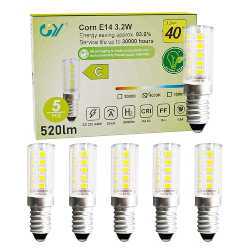 GY E14 LED Corn Light Bulb 3.2W Fridge Energy Efficiency Bulb(40W Equivalent),Neutral White 4000K,520LM,Non-dimmable Small Screw Lamps for Home Refrigerator/Cooker Hood/Night Light, 5 Pack
