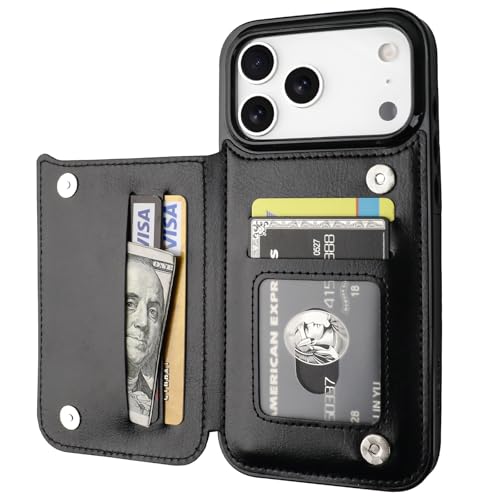 ONETOP Compatible with iPhone 17 Pro Max Wallet Case with Card Holder PU Leather Kickstand Card Slots Case Double Magnetic Clasp and Durable Shockproof Cover 6.9 Inch (Black)