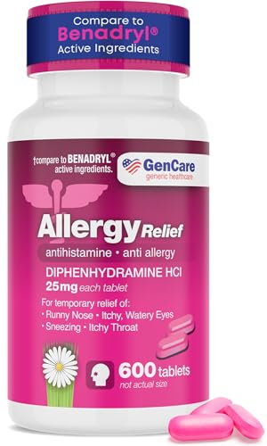 GenCare Allergy Relief Medicine Bulk Value 600 Count Diphenhydramine 25mg Antihistamines for Adults for Congestion Sneezing Runny Nose Itchy Eyes & Throat Pink Generic Benadryl Tablets 25 mg