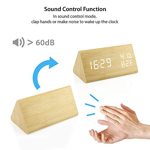Oct17 Wooden Alarm Clock, Wood LED Digital Desk Clock, Upgraded with Time Temperature, Adjustable Brightness and Voice Control, Humidity Displaying - Bamboo