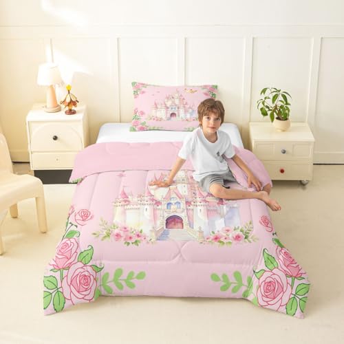 Image of Feelyou Girls Pink Castle Comforter Set Twin Size Blossom Flowers Pattern Bedding Set for Kids Boys Girls Kawaii Cute Princess Style Duvet Quilt Bedroom Decor Microfiber 2 Pcs with 1 Pillow Cases