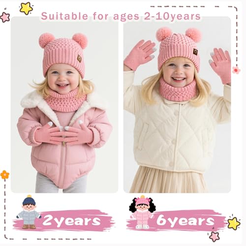 Image of Kids Winter Hat Gloves Scarf Set,Toddler Girls Winter Hat Kids Beanie with Pom Neck Warmer Gaiter Mittens Fleece Lined Set