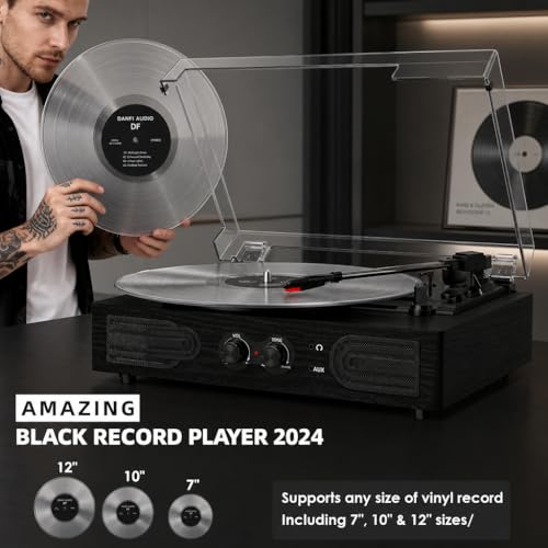 Image of Vinyl Record Player with Built-in Speakers 3-Speed Vintage Record Player Support Treble& Bass Control, Headphone Jack,RCA-Out /Aux in, Belt-Driven LP Turntable,Black Wood