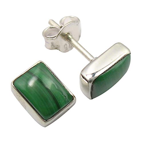925 Stamp Pure Sterling Silver Rectangle Malachite Stud Earrings 0.3