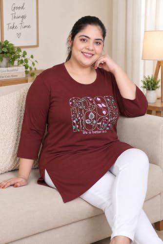 Image of RYSH Women's Plus Size Printed Nightshirt | Round Neck | 3 /4 Sleeve | Relaxed Fit Long Nightwear Top |