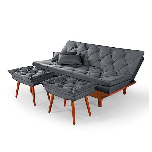 Sofa Cama Reclinavel Caribe Com Duas Banquetas Rubi Suede Cinza