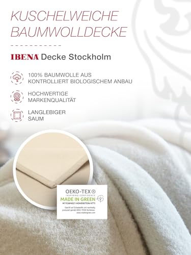 Ibena Stockholm Bio Wolldecke 140x200 cm - 100% Baumwolle, Made in Germany, Baumwolldecke beige wollweiß zweifarbig