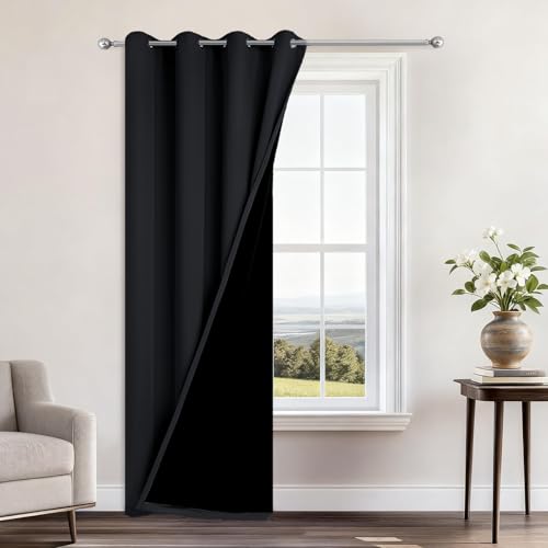 Image of Yakamok Black Blackout Curtains 96 Inches Long for Bedroom 52 inch Wide 1 Panel | Blackout Curtain Panels for Bedroom, 2 Thick Layers Grommet Top Thermal Insulated Drapes with Black Liner for Living Room