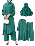 APRROOT Abayas Dress for Women Muslim Dresses Casual Long Sleeve Button Down Shirt Pants Hijab Dubai Outfits 3 PCS Set Green M