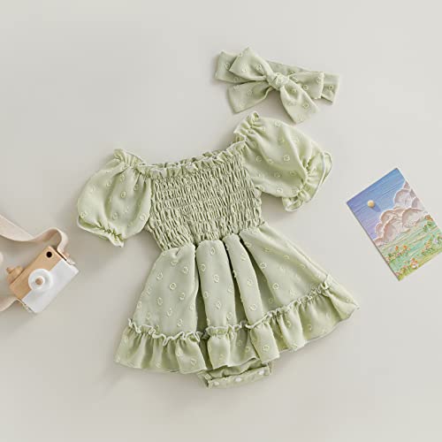Infant Baby Girls Romper Dress Dot Pattern Short Sleeve Ruched Jumpsuits Skirts Hem Bodysuits Headband (Green Dots, 6-12 Months) #TOP3