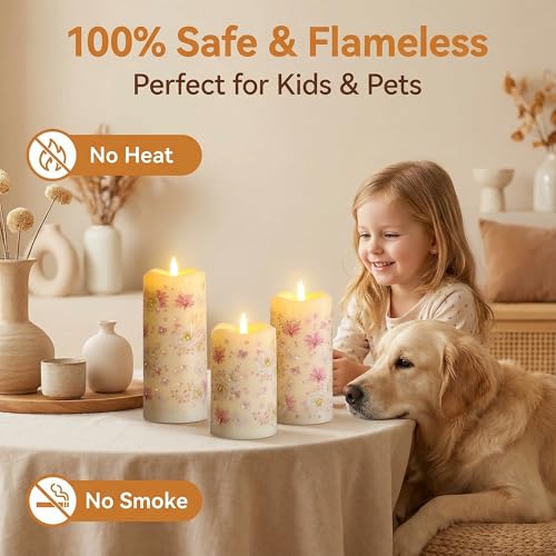 Image of Eywamage Fiber Optic Flameless Pillar Candles with Remote, Floral Butterfly Summer LED Candles Flickering Home Decor Gift Set of 3