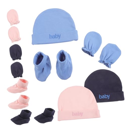 SECFOU 3 Sets Beanie Hats Mittens Socks for Boys Soft Skin Friendly in Pink Denim Navy Blue