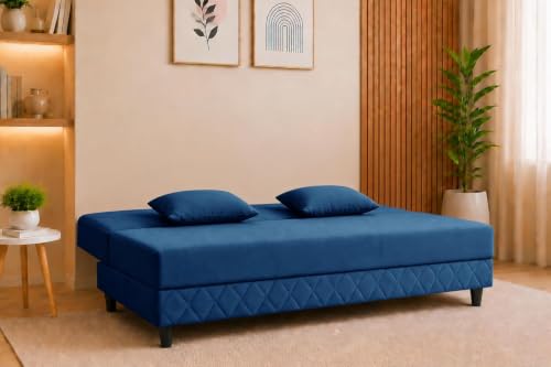 Image of Deco Studio 3 Seater Sofa Bed | Premium Upholstered Velvet Fabric Folding Couch for Living Room, Guest Room & Bedroom | Quilted Backrest with 2 Cushions (Blue)