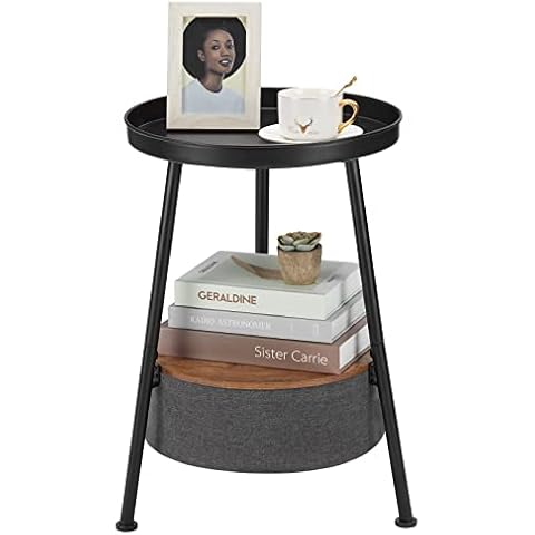 DREAMSOULE Industrial Round Side Table with Storage, Small 2 Tier End Table with Basket and Storage Tray for Indoor Outdoor Patio, Round Nightstand Bedside Table for Sundries, Books (Black) Cover