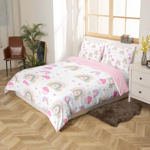 Parure de lit rose imprimé nuage arc-en-ciel avec housse de couette 3 pièces lit King Size