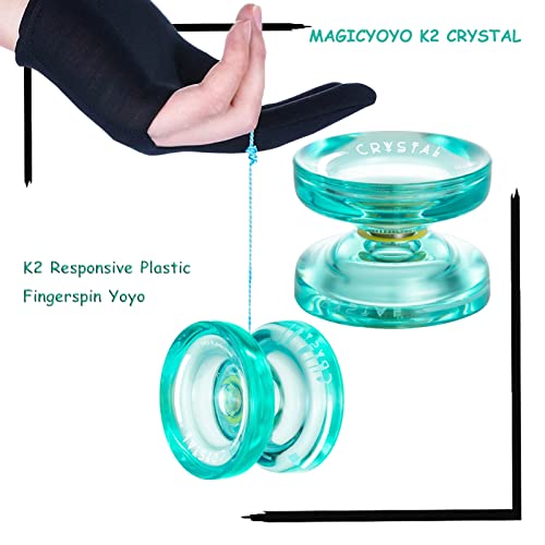 magicyoyo k2 responsive yoyo - great for kids and beginners with smooth spins and fingerspin design - with storage glove bag and 12 yo-yo strings - crystal green