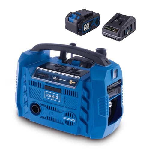 Scheppach Compresseur sans fil Airforce 6 20 V - Débit d'air 21 l/min - Tuyau haute pression 75 cm - 3 types d'entraînement - Port USB-A et USB-C - Série IXES 20 V - Avec batterie 4 Ah et chargeur 2,4