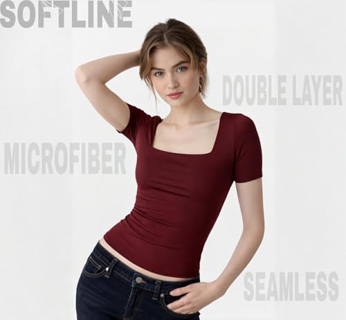 Image of SIGHTBOMB SOFTLINE SQUARE NECK DOUBLE LAYER SHORT SLEEVE MICROFIBER CUDDLE TEE AFFORD LUX EDITION FEATHER TOUCH TOP FOR WOMEN
