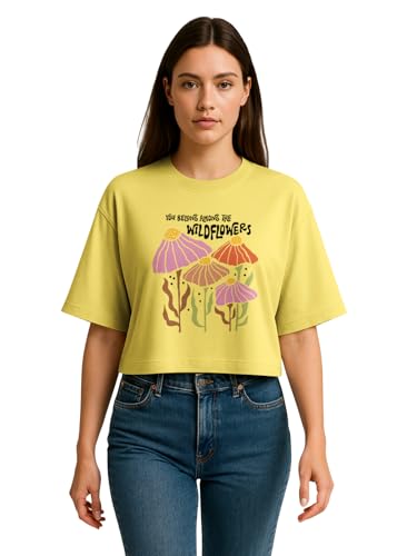 Image of HELLCAT Beige Printed Loose Fit Crew-Neck Crop T-Shirt for Women