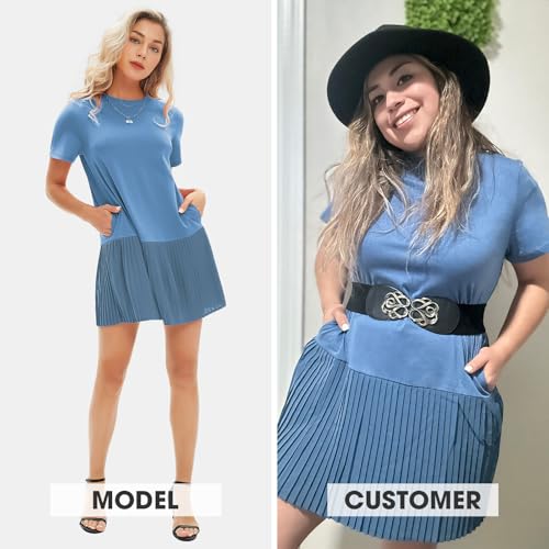 Image of EXLURA Womens Summer Casual Short Sleeve Dress Crewneck Tshirt Dresses Pleated Aline Mini Dress 2025 Vacation Beach Sundress