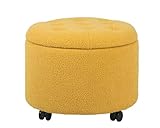 Adeco Teddy Fleece Cushion Round Button Tufted Storage Footstool, Height 16 Inches Storage Ottoman, with Steerable Rolling Wheels (Yellow Teddy with Wheels)
